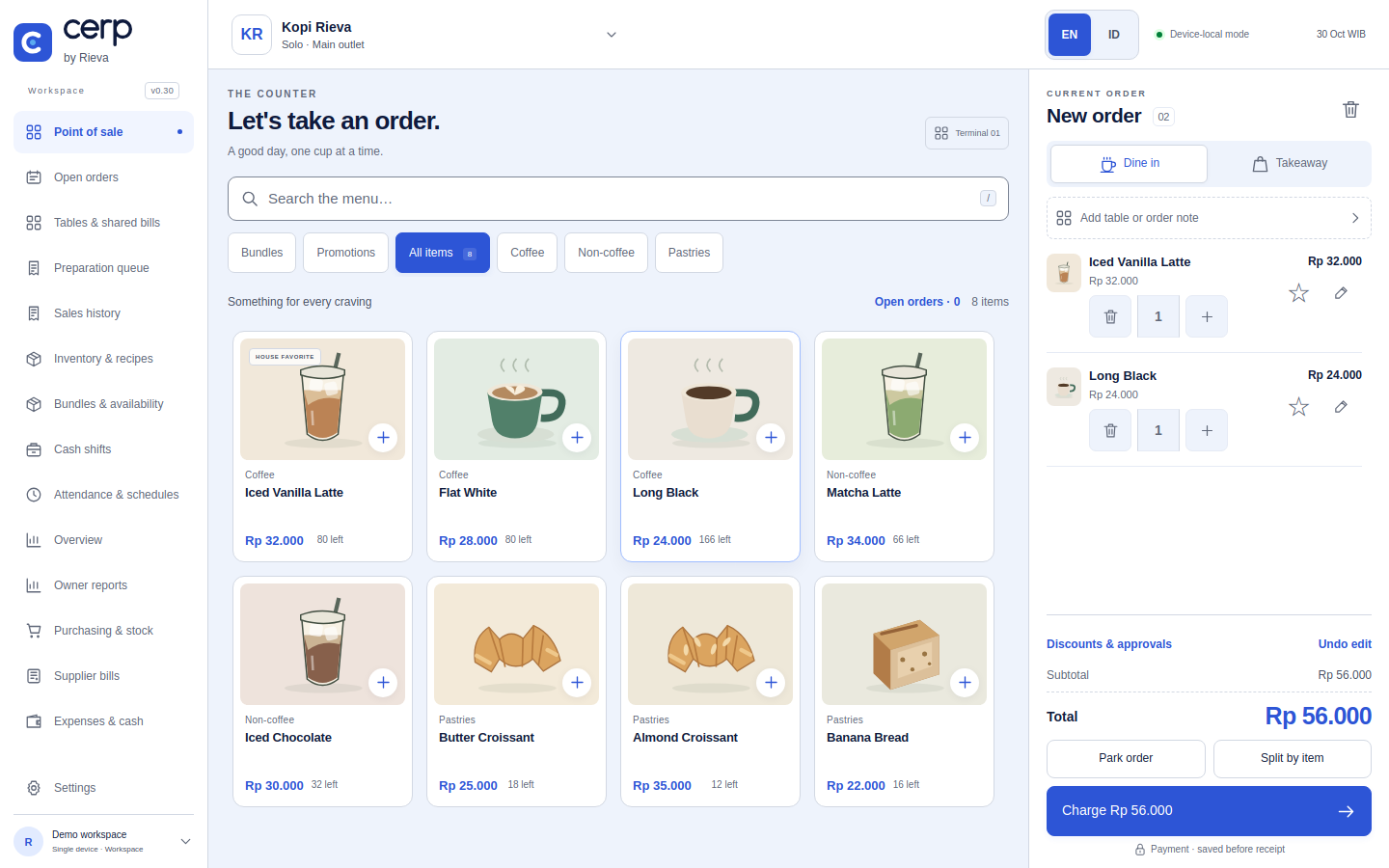 Layar kasir CERP dengan menu, kategori, dan panel pesanan